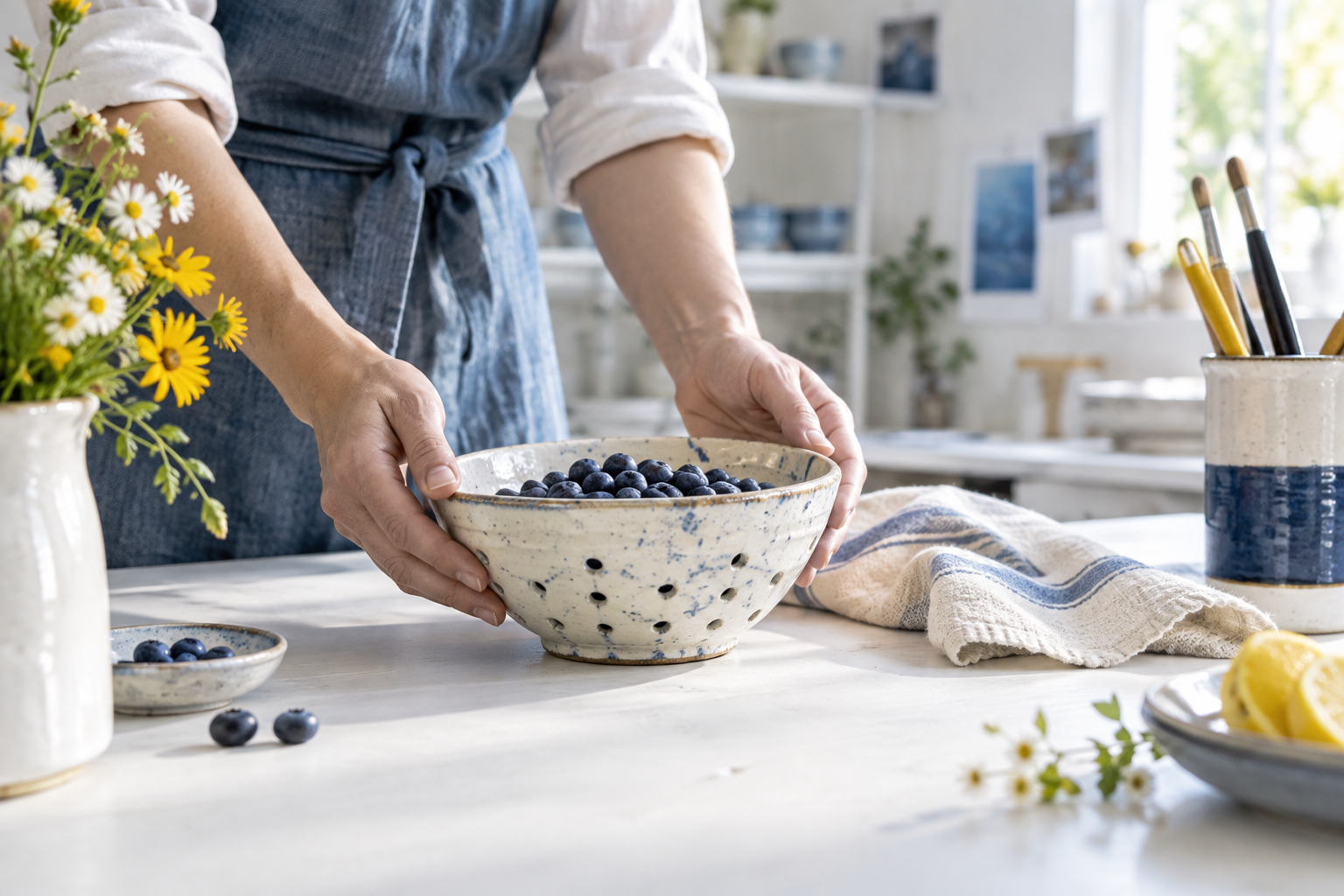 Handmade ceramic bowl being arranged in a bright maker studio